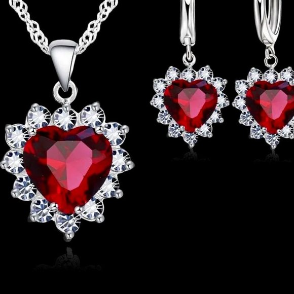 ⭐4pc Bundle Sale⭐ Vintage Ruby Hearts Pendant, Earrings And 18" Chain 925 Silver - Picture 2 of 5
